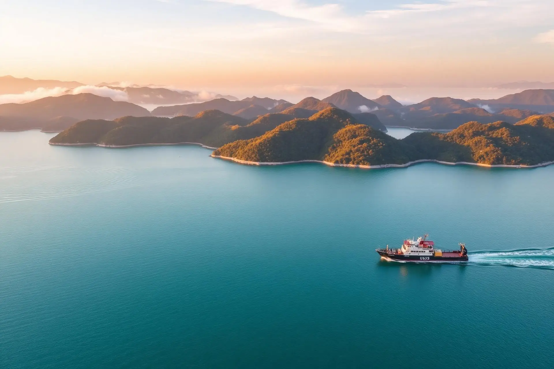 Aerial view of Japan's Seto Inland Sea islands at sunrise with a small cargo boat