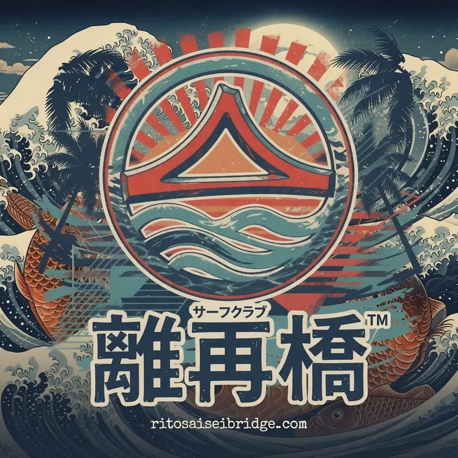 Rito Saisei Bridge surf club logo with Japanese wave art, koi fish, and the website URL